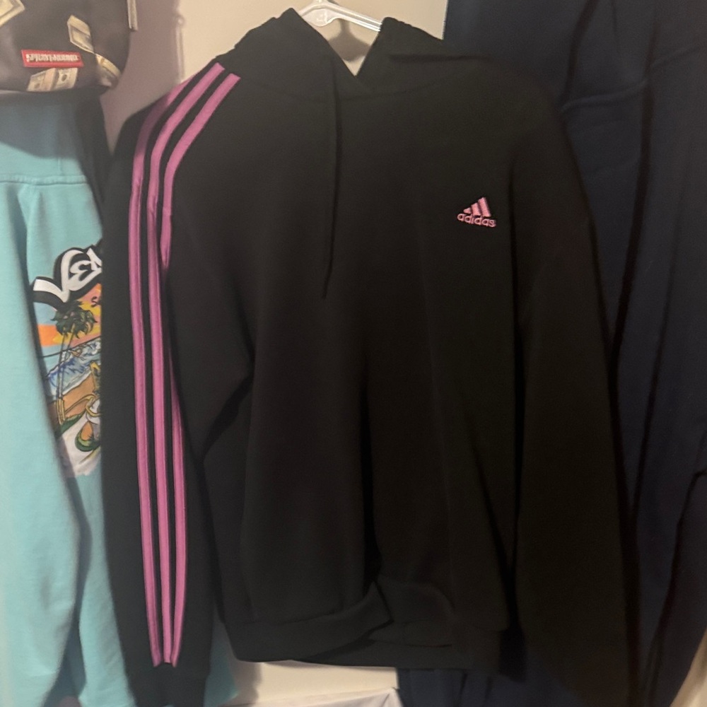 Adidas Women's Black Hoodie with Purple Stripes